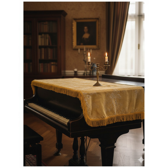 Yellow Embroidered Japanese Tree House Fringe Upright Piano Top Cover 62"x47" - Picture 2 of 7